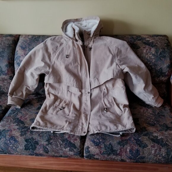 Vintage 80s, suede leather coat, fur fabric lined hood, XL by Weather Spirits - Picture 3 of 15